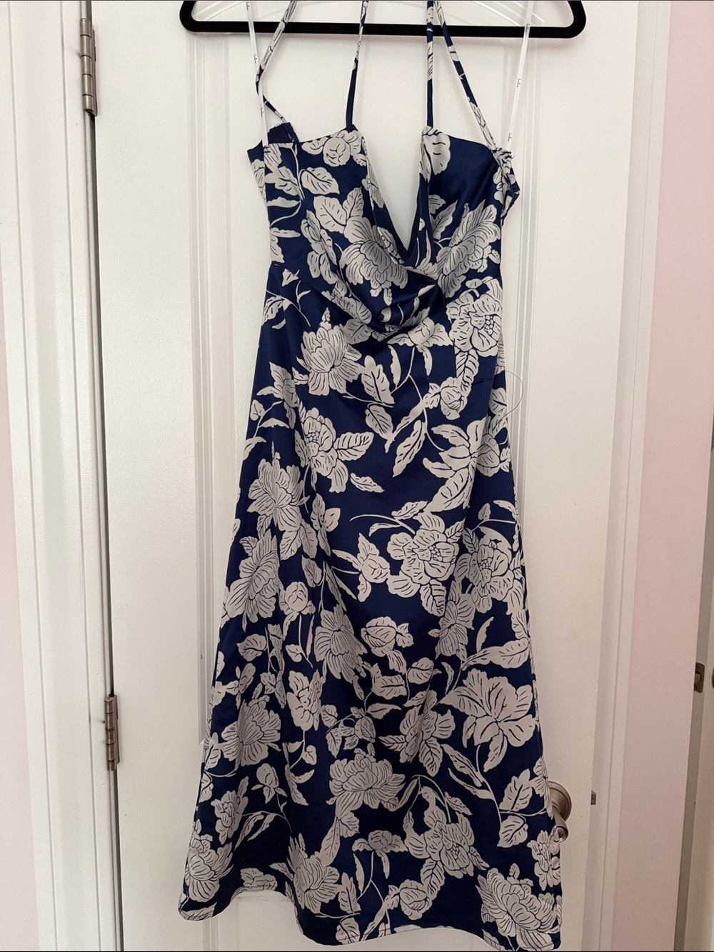 Lulu's Navy and White Floral Cowl Neck Midi Dress